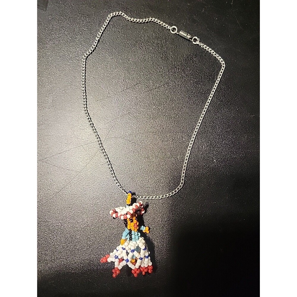 Vtg Native American Pendant NA Hand Beaded Multi Color Seed Beads Girl In Hat